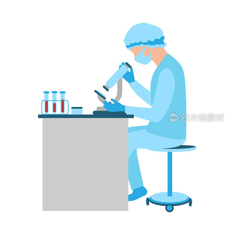 nurse in the laboratory sits at the table and looks through the microscope